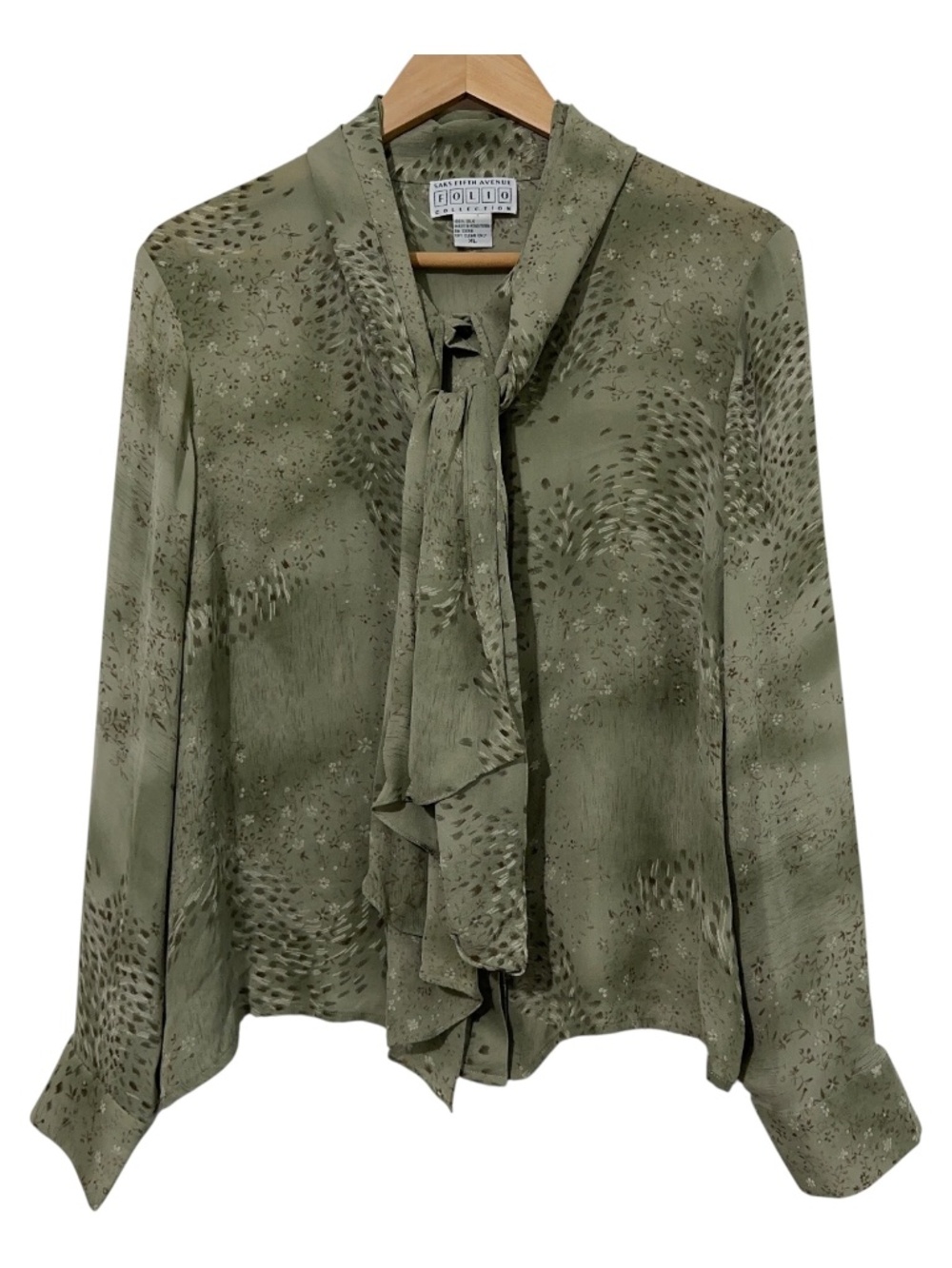 Saks Fifth Avenue Folio Womens Green Silk Button Down Shirt Size XL Tie Neck Bow